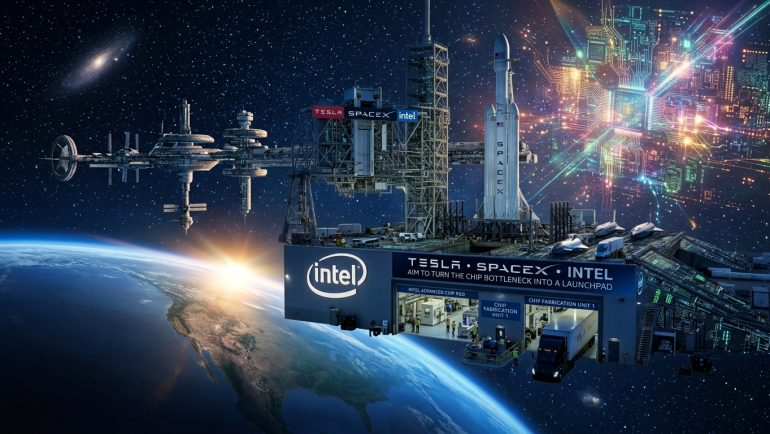 Futuristic illustration of Tesla (TSLA), SpaceX (SPCX) and Intel (INTC) branding on a semiconductor-fabrication and rocket-launch complex above Earth, with a SpaceX rocket, orbital station, AI circuit patterns and advanced chip infrastructure representing the TERAFAB AI chip factory initiative.