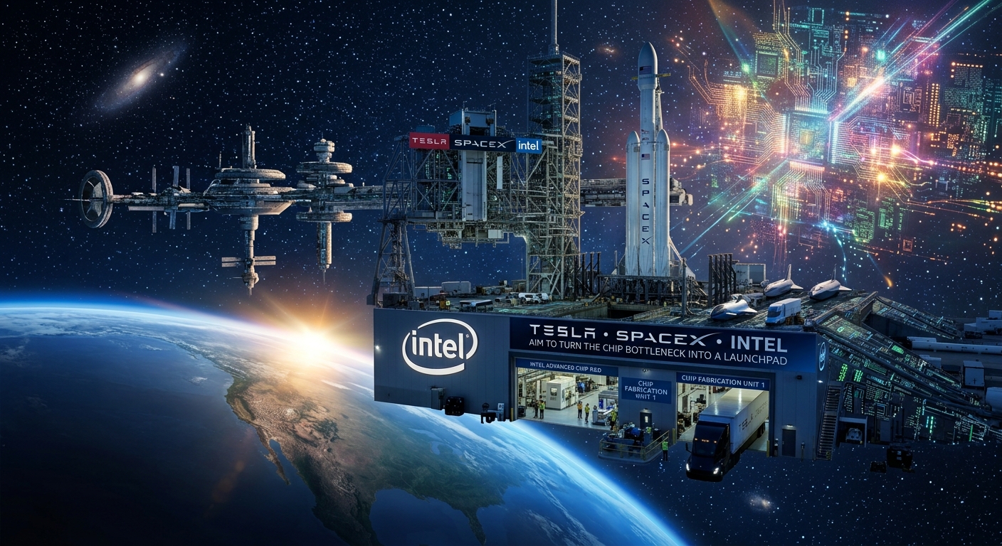 Futuristic illustration of Tesla (TSLA), SpaceX (SPCX) and Intel (INTC) branding on a semiconductor-fabrication and rocket-launch complex above Earth, with a SpaceX rocket, orbital station, AI circuit patterns and advanced chip infrastructure representing the TERAFAB AI chip factory initiative.