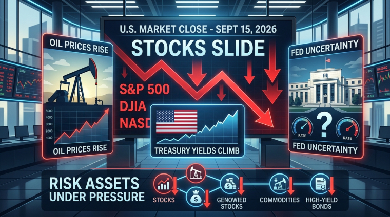 Illustrated U.S. market close dashboard for September 15, 2026, showing stocks sliding, red downward arrows for the S&P 500, Dow Jones Industrial Average and Nasdaq, rising oil prices, climbing Treasury yields and Federal Reserve interest-rate uncertainty.