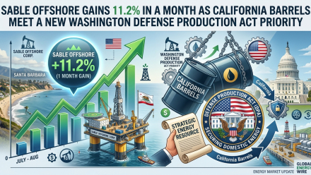 Illustration of Sable Offshore Corp. (NYSE: SOC) gaining 11.2% in one month, showing a California offshore oil platform, rising green stock chart, oil barrels, the U.S. Capitol and Defense Production Act energy-security imagery.