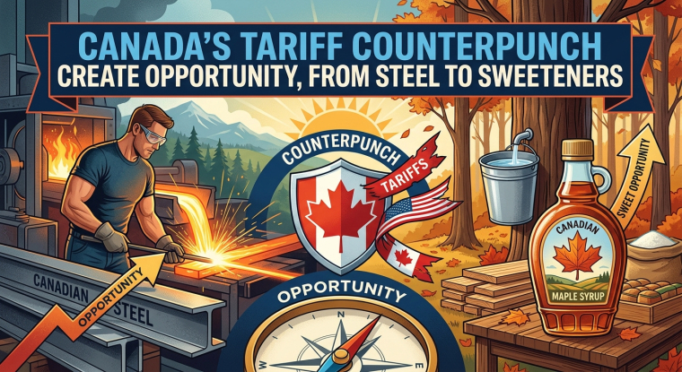Illustrated financial-news graphic showing Canada’s tariff response: a steelworker beside glowing metal beams, a Canadian maple-leaf shield deflecting a “tariffs” arrow, an upward opportunity arrow, and a bottle of Canadian maple syrup against an autumn forest backdrop.