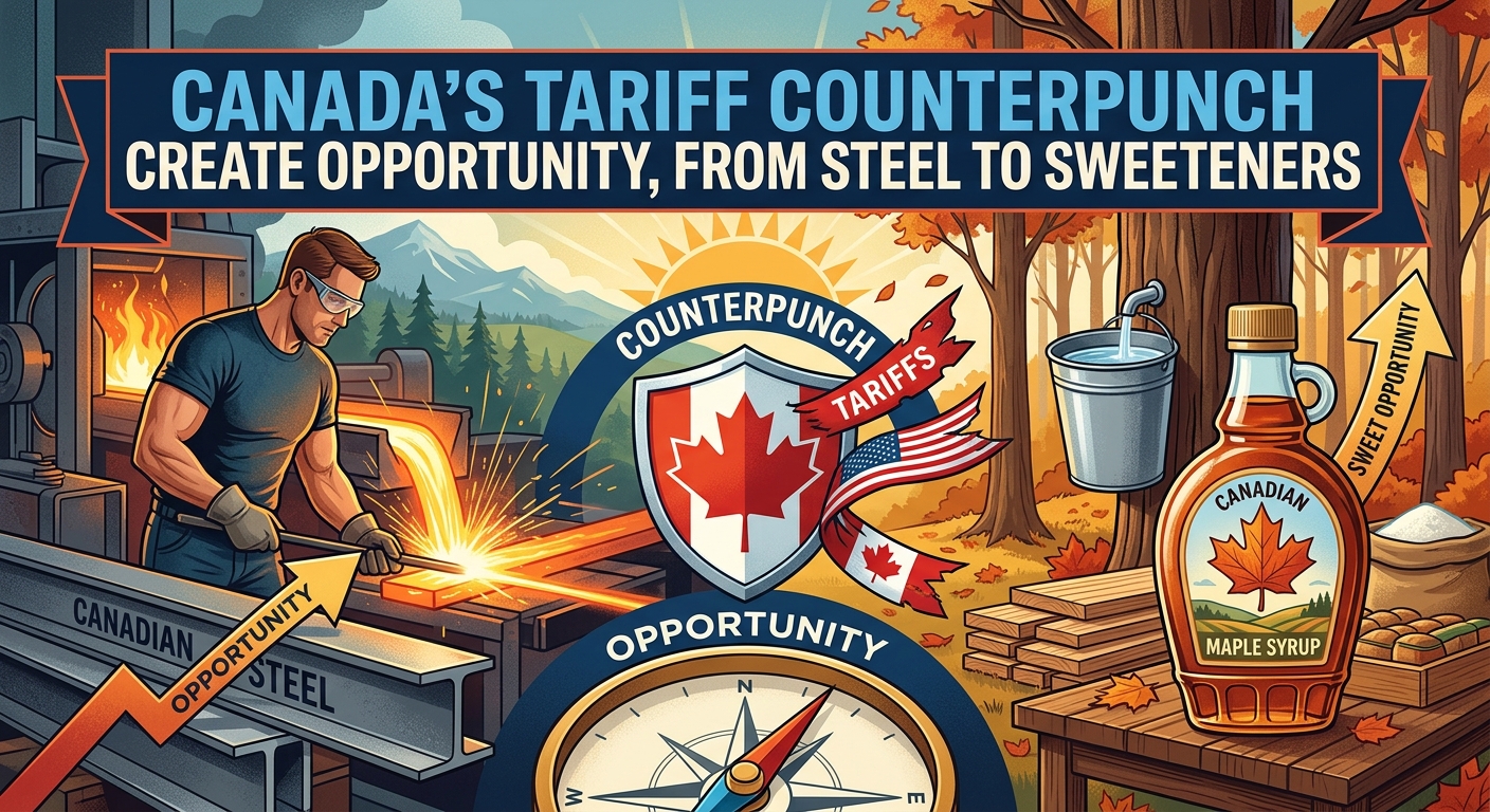 Illustrated financial-news graphic showing Canada’s tariff response: a steelworker beside glowing metal beams, a Canadian maple-leaf shield deflecting a “tariffs” arrow, an upward opportunity arrow, and a bottle of Canadian maple syrup against an autumn forest backdrop.
