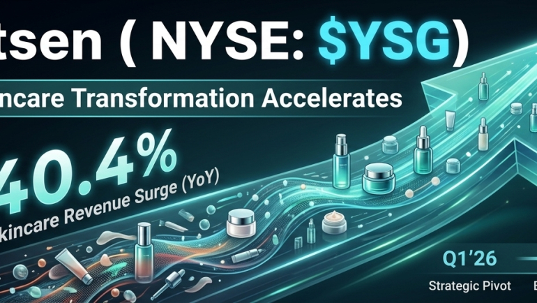 Yatsen Holding Limited (NYSE: YSG) Q2 2026 earnings infographic highlighting 40.4% year-over-year skincare revenue growth, product imagery flowing along an upward teal arrow, a revenue bar chart, and a strategic timeline from Q1 2026 through Q3 2026 and beyond.