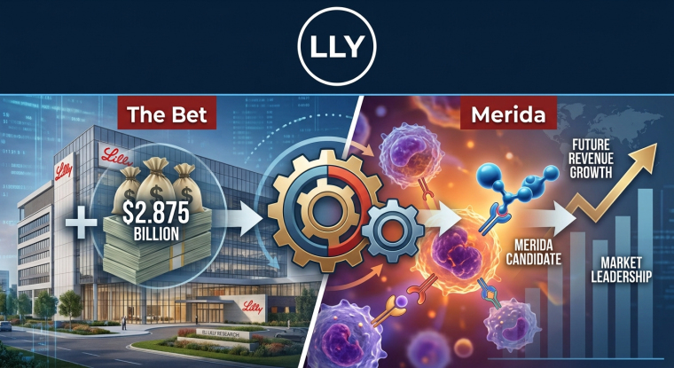 Investor infographic illustrating Eli Lilly and Company (NYSE: LLY) investing up to $2.875 billion to acquire Merida Biosciences, linking Lilly’s headquarters and cash investment to Merida’s antibody-engineering candidates, precision immunology research, and projected future revenue growth.