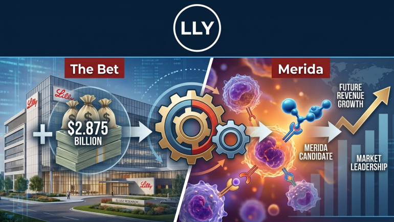 Investor infographic illustrating Eli Lilly and Company (NYSE: LLY) investing up to $2.875 billion to acquire Merida Biosciences, linking Lilly’s headquarters and cash investment to Merida’s antibody-engineering candidates, precision immunology research, and projected future revenue growth.