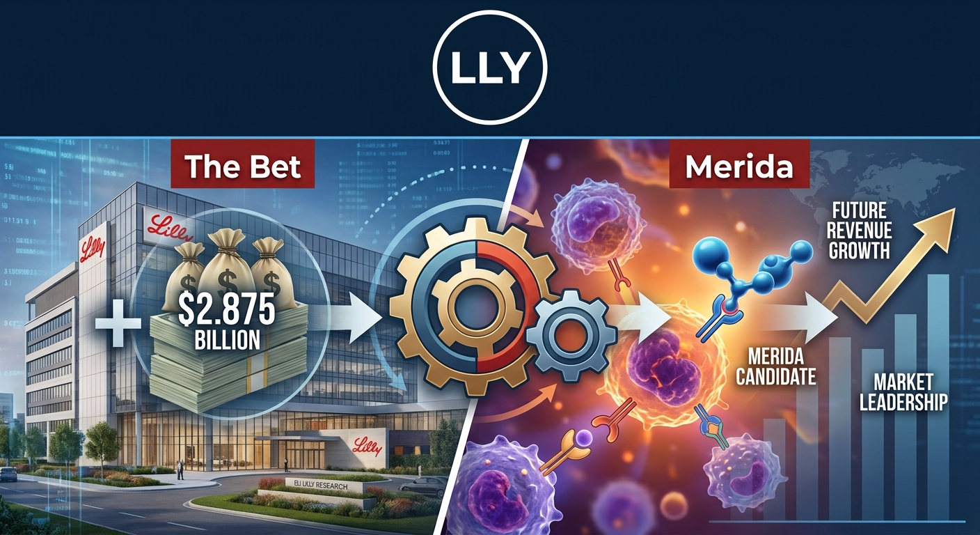 Investor infographic illustrating Eli Lilly and Company (NYSE: LLY) investing up to $2.875 billion to acquire Merida Biosciences, linking Lilly’s headquarters and cash investment to Merida’s antibody-engineering candidates, precision immunology research, and projected future revenue growth.