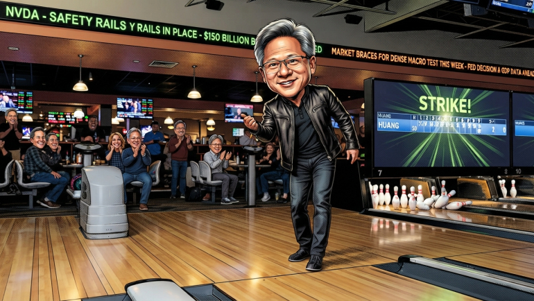 Illustrated bowling-alley scene featuring NVIDIA CEO Jensen Huang celebrating a strike, with an NVDA market ticker referencing AI safety rails and a $150 billion stock buyback as an audience applauds.
