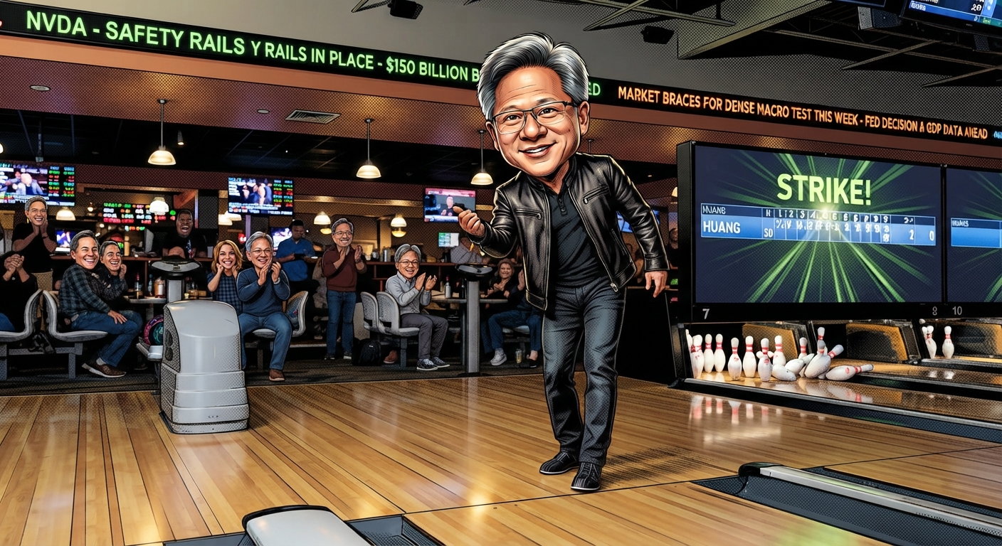 Illustrated bowling-alley scene featuring NVIDIA CEO Jensen Huang celebrating a strike, with an NVDA market ticker referencing AI safety rails and a $150 billion stock buyback as an audience applauds.