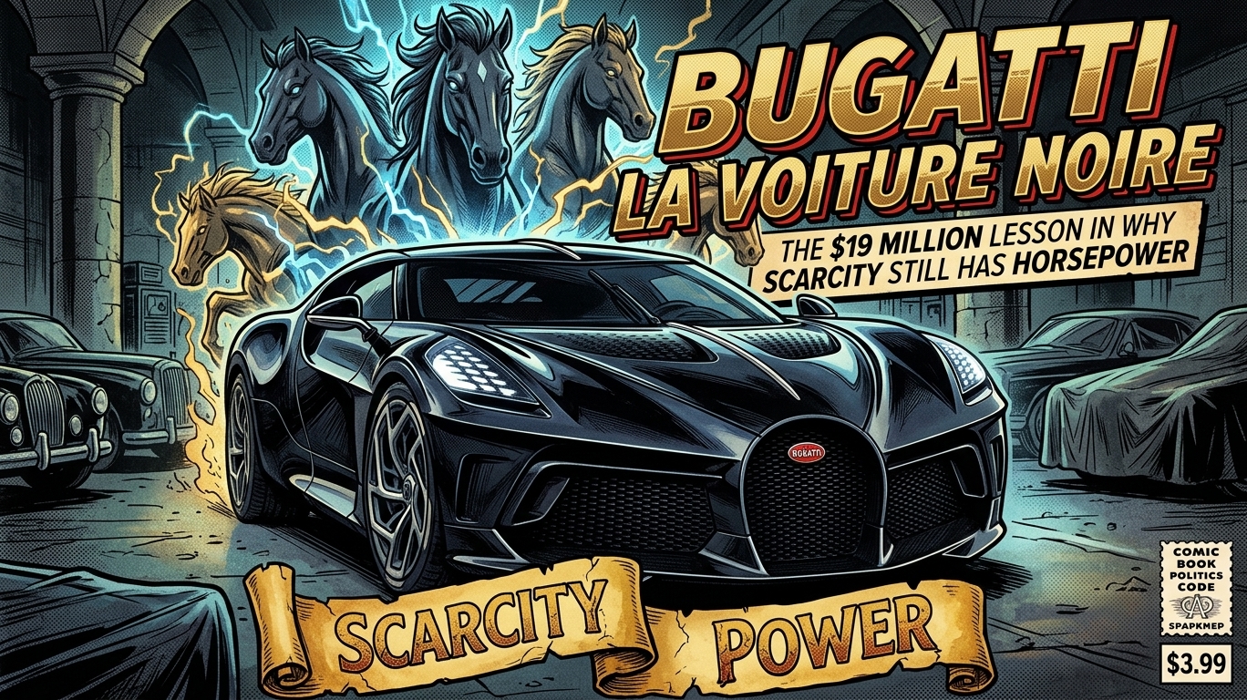 Comic-book-style illustration of the black Bugatti La Voiture Noire hypercar in a dramatic vintage garage, framed by four glowing horses, with the headline “Bugatti La Voiture Noire: The $19 Million Lesson in Why Scarcity Still Has Horsepower” and a “Scarcity Power” banner.