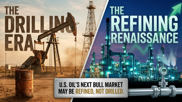 Split-screen energy-market illustration: On the left, an oil pumpjack, drilling rig and weathered barrel represent “The Drilling Era.” On the right, a brightly illuminated refinery, pipeline gauge and upward green arrow represent “The Refining Renaissance.” A metal sign across the bottom reads, “U.S. Oil’s Next Bull Market May Be Refined, Not Drilled.”
