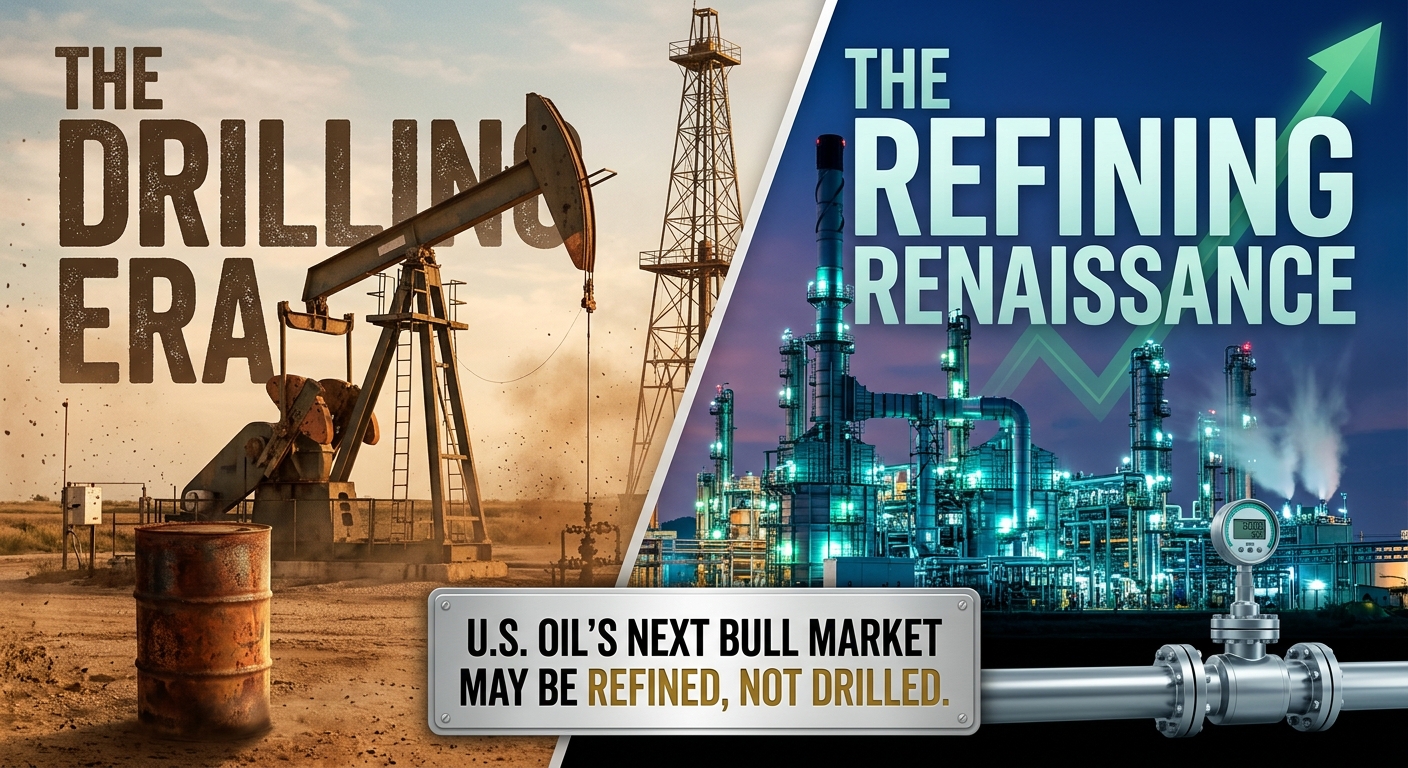 Split-screen energy-market illustration: On the left, an oil pumpjack, drilling rig and weathered barrel represent “The Drilling Era.” On the right, a brightly illuminated refinery, pipeline gauge and upward green arrow represent “The Refining Renaissance.” A metal sign across the bottom reads, “U.S. Oil’s Next Bull Market May Be Refined, Not Drilled.”