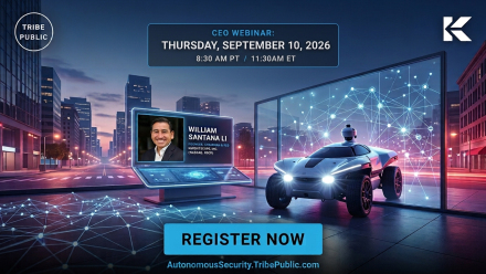 Promotional graphic for the Tribe Public CEO Webinar featuring Knightscope Founder, Chairman and CEO William Santana Li, an autonomous security robot in a futuristic city setting, and webinar details for Thursday, September 10, 2026, at 8:30 a.m. PT / 11:30 a.m. ET.