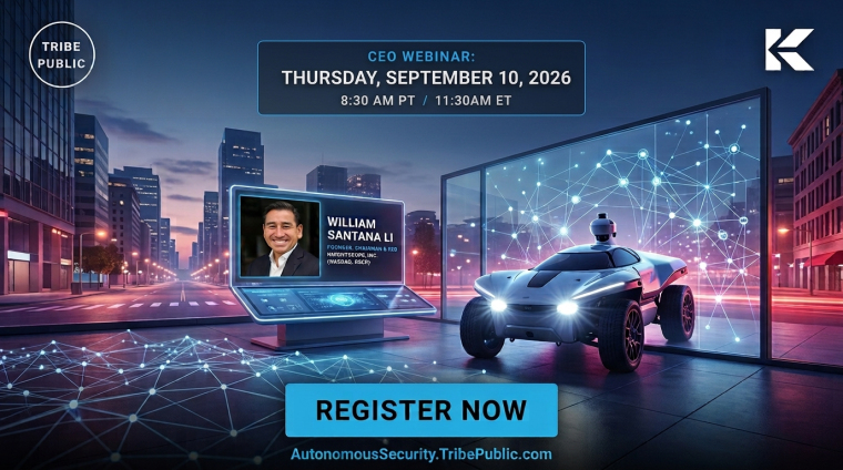 Promotional graphic for the Tribe Public CEO Webinar featuring Knightscope Founder, Chairman and CEO William Santana Li, an autonomous security robot in a futuristic city setting, and webinar details for Thursday, September 10, 2026, at 8:30 a.m. PT / 11:30 a.m. ET.