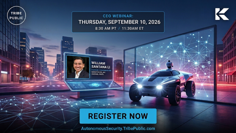 Promotional graphic for the Tribe Public CEO Webinar featuring Knightscope Founder, Chairman and CEO William Santana Li, an autonomous security robot in a futuristic city setting, and webinar details for Thursday, September 10, 2026, at 8:30 a.m. PT / 11:30 a.m. ET.
