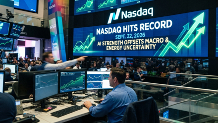 Stylized Nasdaq trading-floor scene with market participants and multiple computer screens showing rising stock charts. A large Nasdaq display reads, “Nasdaq Hits Record — Sept. 22, 2026,” and “AI Strength Offsets Macro & Energy Uncertainty,” alongside upward green arrows.