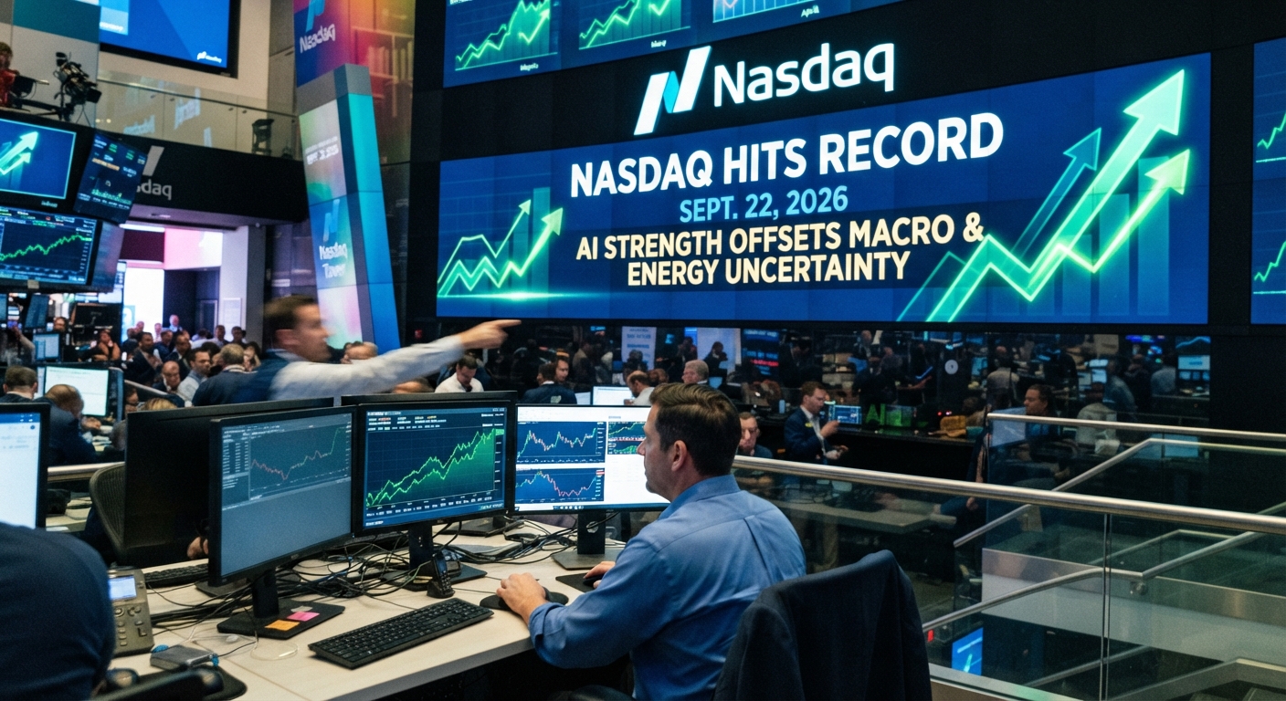 Stylized Nasdaq trading-floor scene with market participants and multiple computer screens showing rising stock charts. A large Nasdaq display reads, “Nasdaq Hits Record — Sept. 22, 2026,” and “AI Strength Offsets Macro & Energy Uncertainty,” alongside upward green arrows.