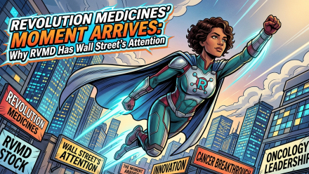 Comic-book-style illustration of a confident superhero in a teal suit with an “R” molecular symbol flying above a modern city skyline. Large headline text reads “Revolution Medicines’ Moment Arrives: Why RVMD Has Wall Street’s Attention,” while surrounding signs reference Revolution Medicines, RVMD stock, innovation, cancer breakthrough and oncology leadership.