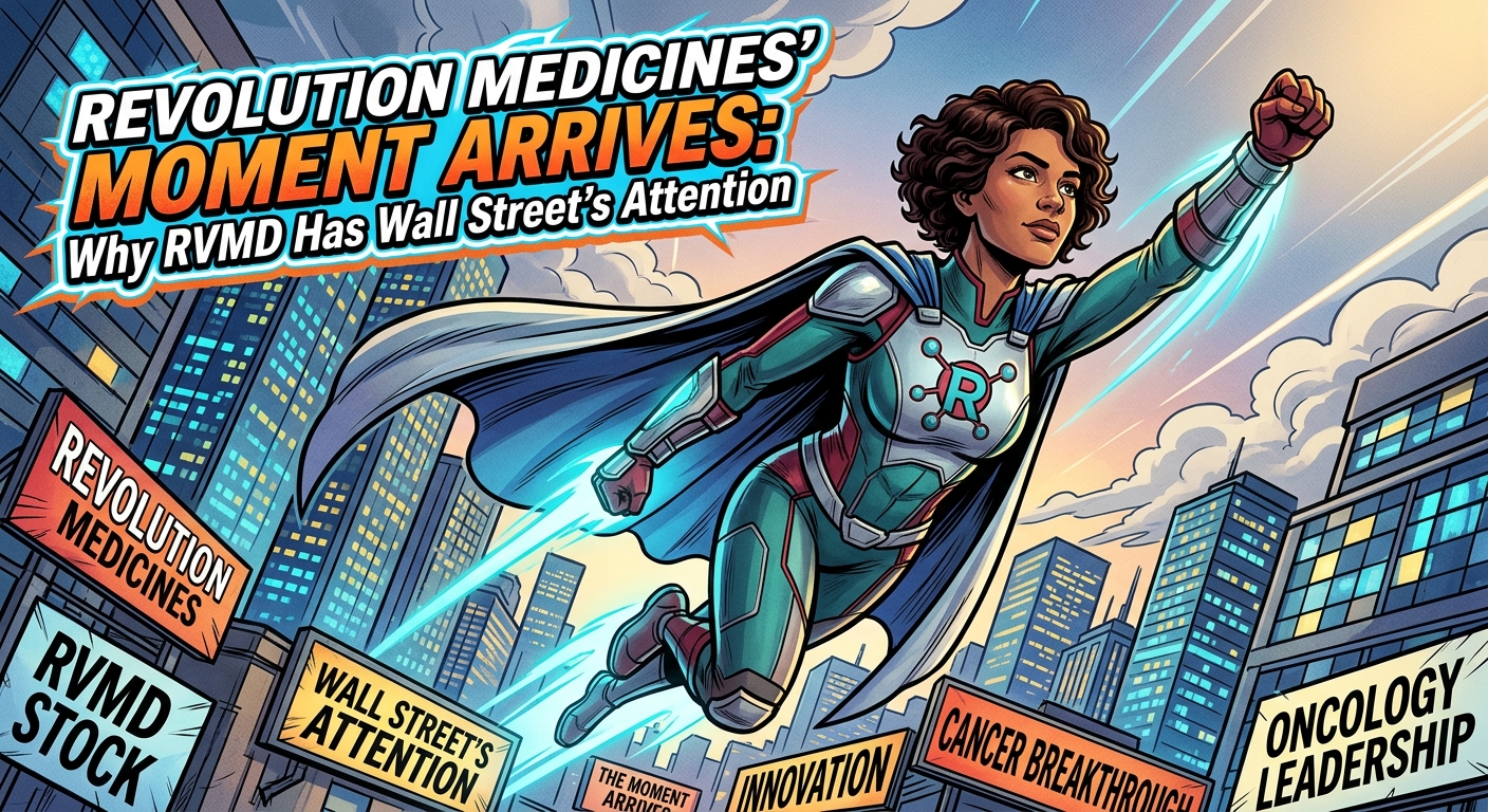 Comic-book-style illustration of a confident superhero in a teal suit with an “R” molecular symbol flying above a modern city skyline. Large headline text reads “Revolution Medicines’ Moment Arrives: Why RVMD Has Wall Street’s Attention,” while surrounding signs reference Revolution Medicines, RVMD stock, innovation, cancer breakthrough and oncology leadership.