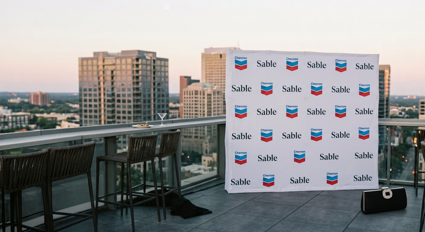 Rooftop event setting overlooking a city skyline, featuring a branded backdrop with Chevron logos and Sable Offshore names, bar stools, cocktail glass, and a black handbag in the foreground.