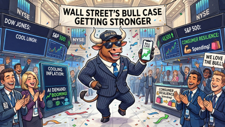 Cartoon-style Wall Street trading floor scene featuring a smiling bull in a pinstripe suit holding a phone with a rising green chart, surrounded by applauding traders, confetti and market screens highlighting cooling inflation, booming AI demand, consumer resilience and an advancing S&P 500.