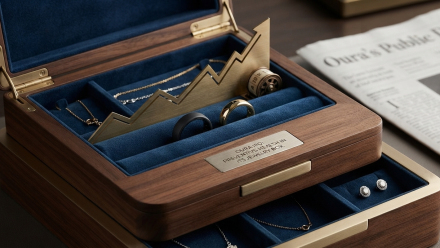 Open walnut jewelry box with blue velvet compartments holding smart rings, a gold upward-trending market arrow, and a newspaper referencing Oura’s public debut.