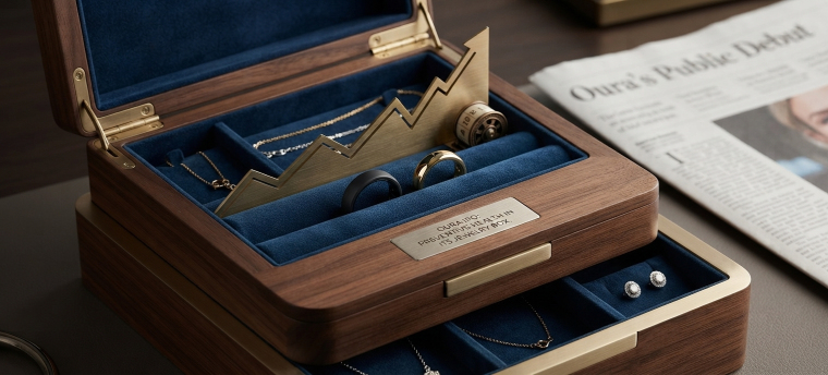 Open walnut jewelry box with blue velvet compartments holding smart rings, a gold upward-trending market arrow, and a newspaper referencing Oura’s public debut.