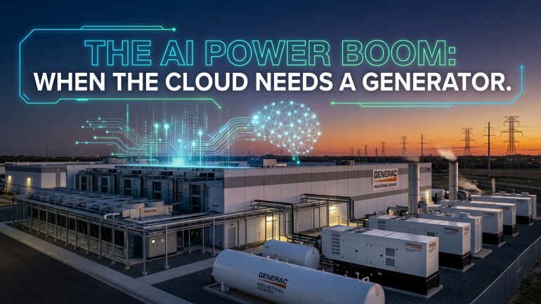 Generac industrial backup generators outside a data center at sunset, with power lines, glowing AI circuitry and a digital brain illustration representing rising electricity demand from cloud computing and AI infrastructure.