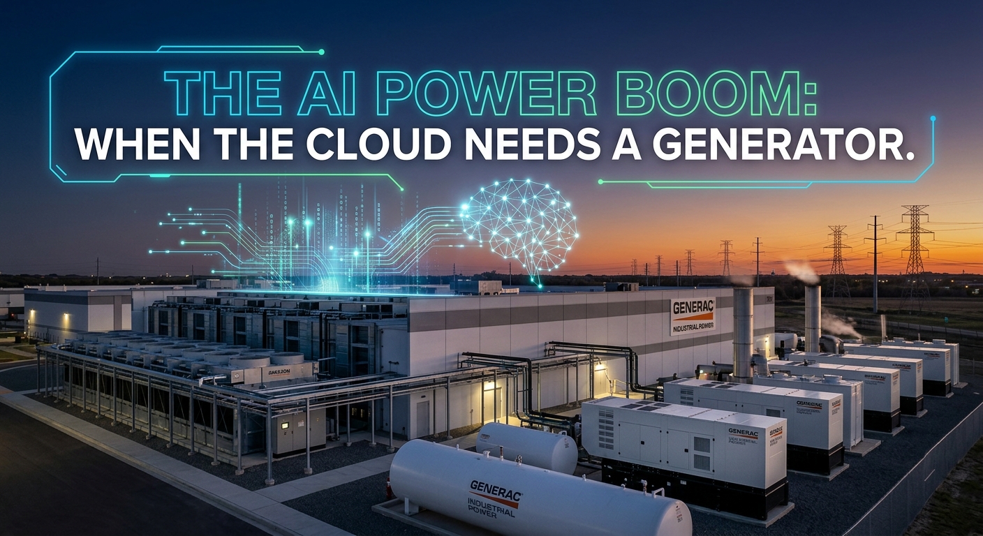 Generac industrial backup generators outside a data center at sunset, with power lines, glowing AI circuitry and a digital brain illustration representing rising electricity demand from cloud computing and AI infrastructure.