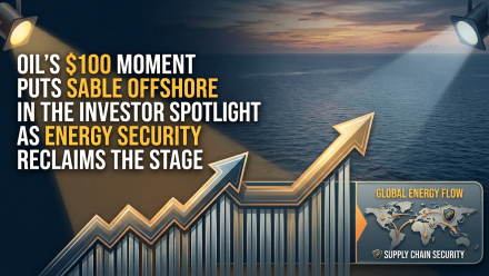 Stylized investor-focused graphic showing an offshore ocean horizon at sunset, upward-trending gold and blue arrows over rising bar-style market graphics, and a global energy-flow map. The headline reads: “Oil’s $100 Moment Puts Sable Offshore in the Investor Spotlight as Energy Security Reclaims the Stage.”