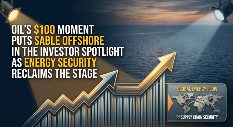 Stylized investor-focused graphic showing an offshore ocean horizon at sunset, upward-trending gold and blue arrows over rising bar-style market graphics, and a global energy-flow map. The headline reads: “Oil’s $100 Moment Puts Sable Offshore in the Investor Spotlight as Energy Security Reclaims the Stage.”
