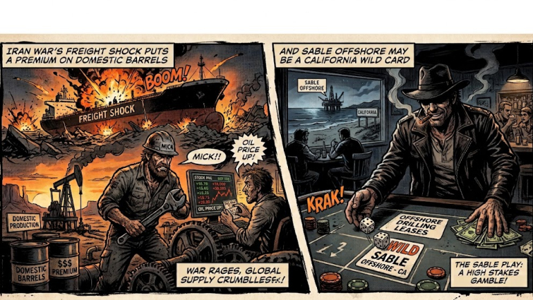 Comic-book-style illustration showing an oil tanker freight shock, rising oil prices, domestic oil production, and Sable Offshore’s California offshore drilling opportunity amid Iran-war shipping disruption.
