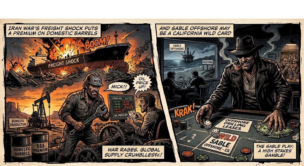 Comic-book-style illustration showing an oil tanker freight shock, rising oil prices, domestic oil production, and Sable Offshore’s California offshore drilling opportunity amid Iran-war shipping disruption.