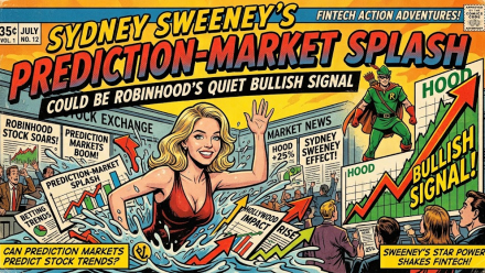 Retro comic-book-style illustration depicting a fictional fintech market scene: a blonde woman in a red swimsuit stands in water beneath the headline “Sydney Sweeney’s Prediction-Market Splash,” while Robinhood-inspired “HOOD” stock charts, rising arrows, market-news posters and a green-costumed Robin Hood character emphasize a bullish prediction-markets theme.
