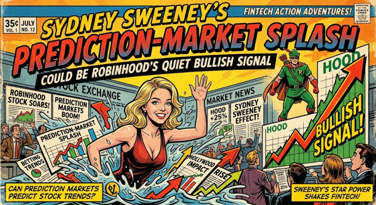 Retro comic-book-style illustration depicting a fictional fintech market scene: a blonde woman in a red swimsuit stands in water beneath the headline “Sydney Sweeney’s Prediction-Market Splash,” while Robinhood-inspired “HOOD” stock charts, rising arrows, market-news posters and a green-costumed Robin Hood character emphasize a bullish prediction-markets theme.