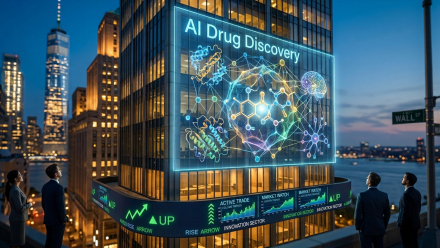 I drug discovery display with molecular structures on a skyscraper near Wall Street, above green market graphics and overlooking business professionals at dusk