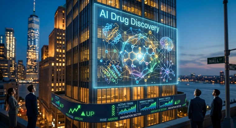 I drug discovery display with molecular structures on a skyscraper near Wall Street, above green market graphics and overlooking business professionals at dusk