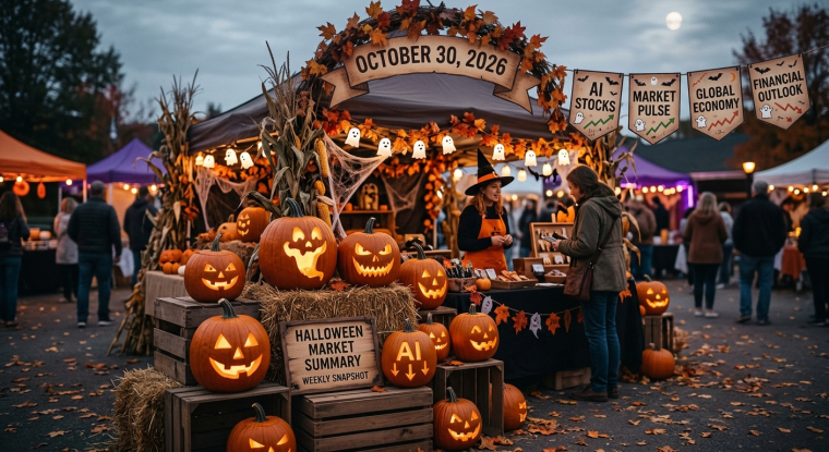 Halloween market stall with glowing jack-o’-lanterns and banners highlighting AI stocks, market trends and the global economy for October 30, 2026.