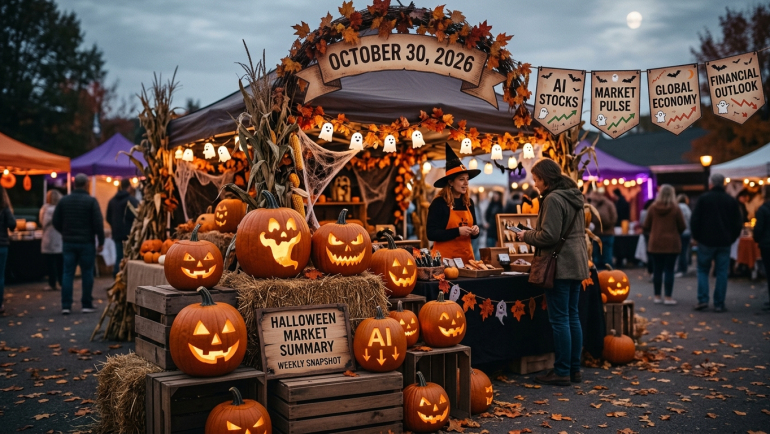 Halloween market stall with glowing jack-o’-lanterns and banners highlighting AI stocks, market trends and the global economy for October 30, 2026.