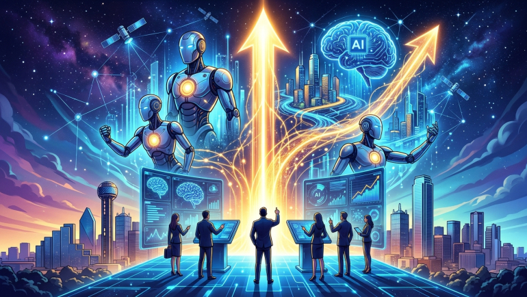 Futuristic illustration of AI robots, investors and glowing upward arrows above the Dallas skyline, symbolizing growth in AI and technology investing.