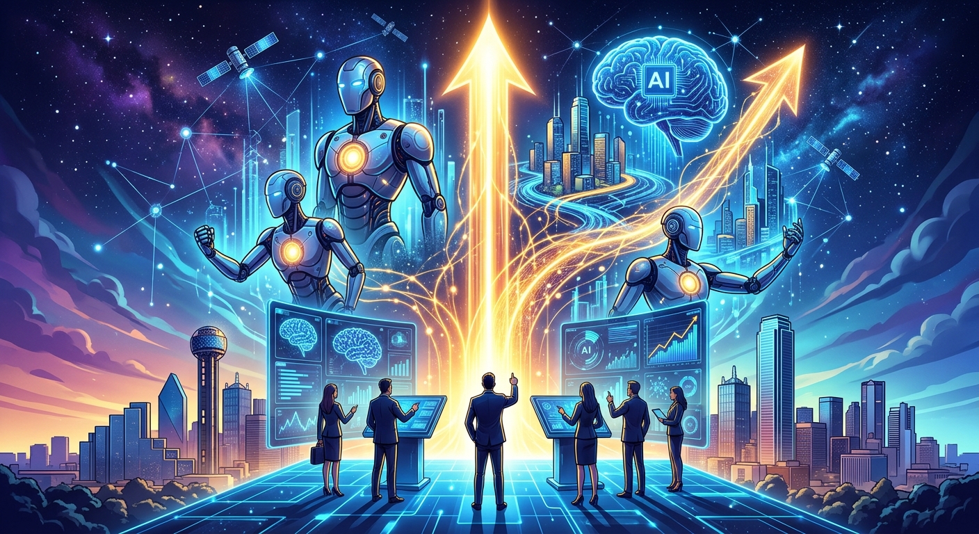 Futuristic illustration of AI robots, investors and glowing upward arrows above the Dallas skyline, symbolizing growth in AI and technology investing.