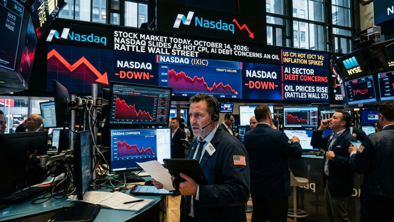 Illustrated trading floor with traders, falling Nasdaq charts and screens highlighting October 14, 2026 inflation, AI debt concerns and rising oil prices.