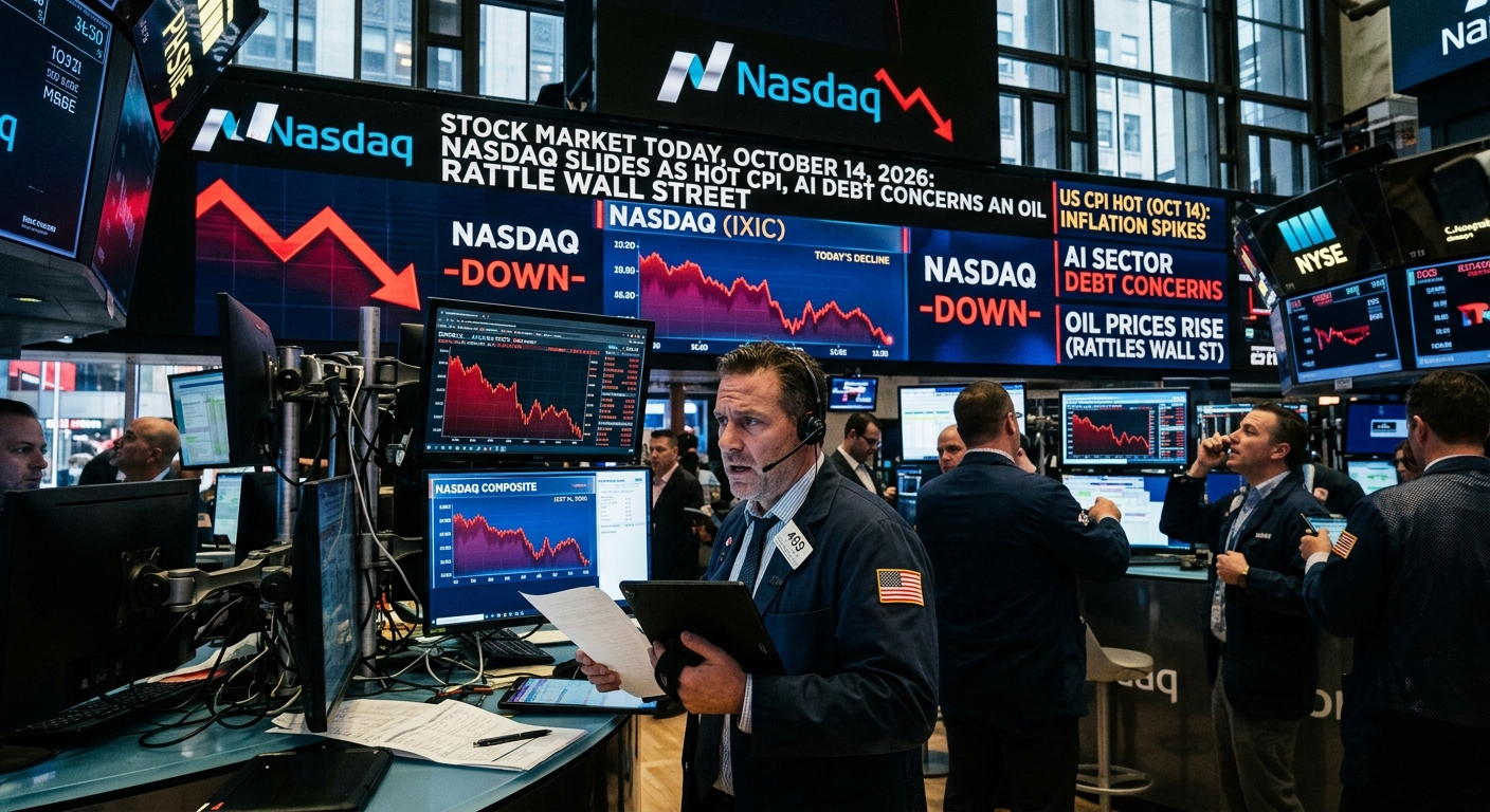 Illustrated trading floor with traders, falling Nasdaq charts and screens highlighting October 14, 2026 inflation, AI debt concerns and rising oil prices.