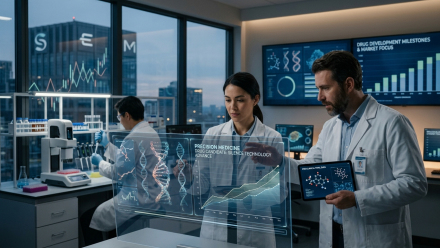 Scientists in a modern biotechnology laboratory review digital DNA models, molecular structures and drug development charts.