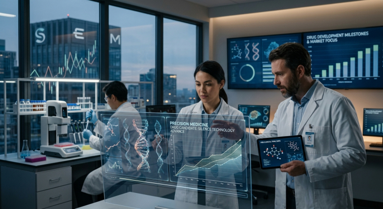 Scientists in a modern biotechnology laboratory review digital DNA models, molecular structures and drug development charts.