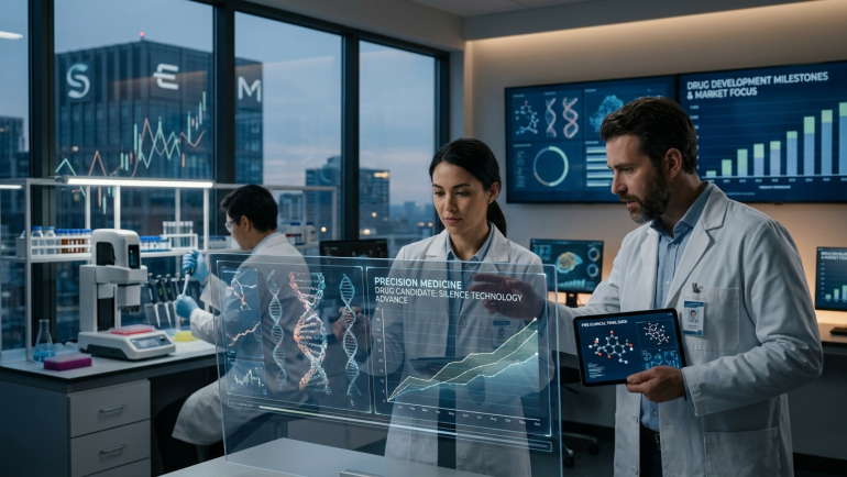 Scientists in a modern biotechnology laboratory review digital DNA models, molecular structures and drug development charts.