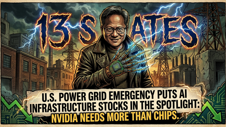 Comic-style illustration of a man wearing an electrified microchip glove amid power lines and lightning, with “13 States” and a headline about AI infrastructure stocks and NVIDIA’s power needs.