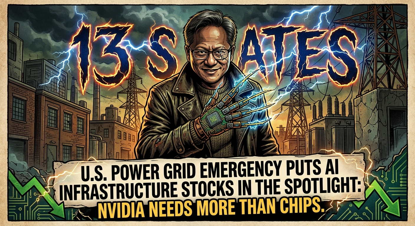 Comic-style illustration of a man wearing an electrified microchip glove amid power lines and lightning, with “13 States” and a headline about AI infrastructure stocks and NVIDIA’s power needs.