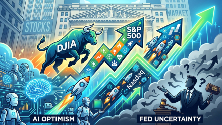 Illustration of rising Dow, S&P 500 and Nasdaq arrows alongside AI robots and chips, contrasted with clouds symbolizing Fed uncertainty