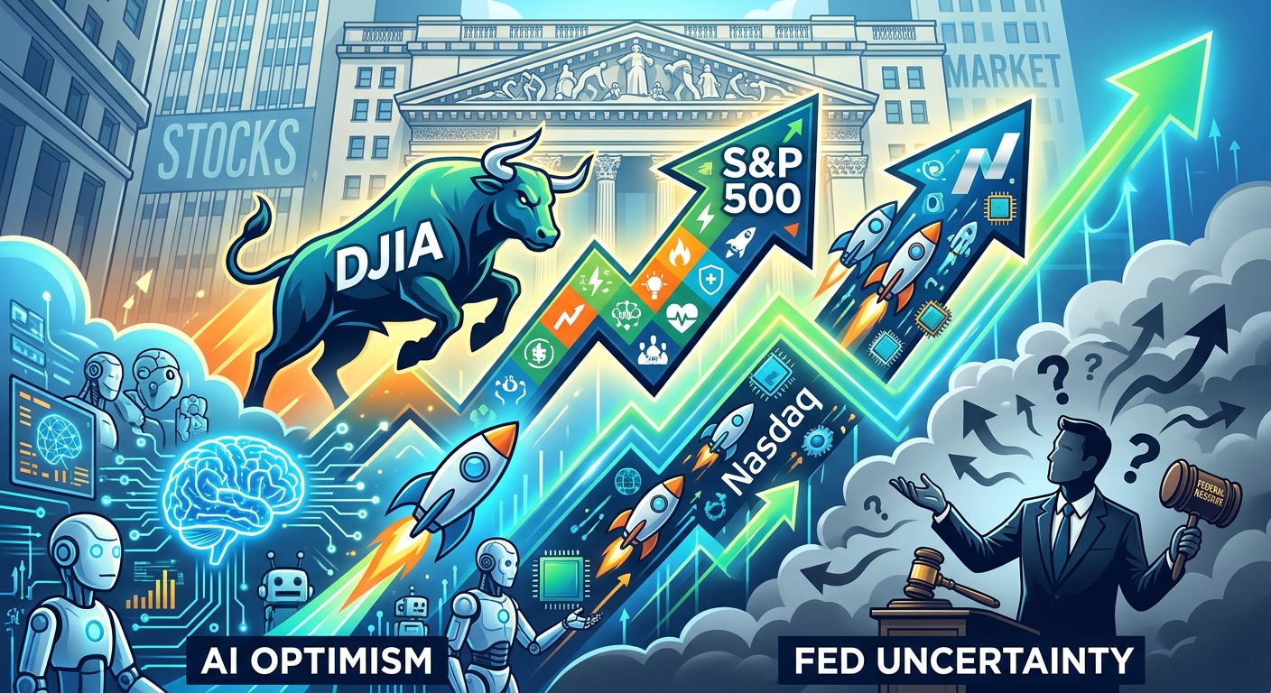 Illustration of rising Dow, S&P 500 and Nasdaq arrows alongside AI robots and chips, contrasted with clouds symbolizing Fed uncertainty