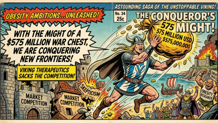 Vintage comic-style illustration of a Viking warrior holding a $575 million money bag, symbolizing Viking Therapeutics’ obesity drug development ambitions.